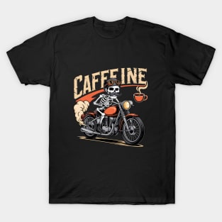 Skeleton Cafe Racer on Vintage Motorcycle with Coffee and Quirky Humor Vector Design T-Shirt